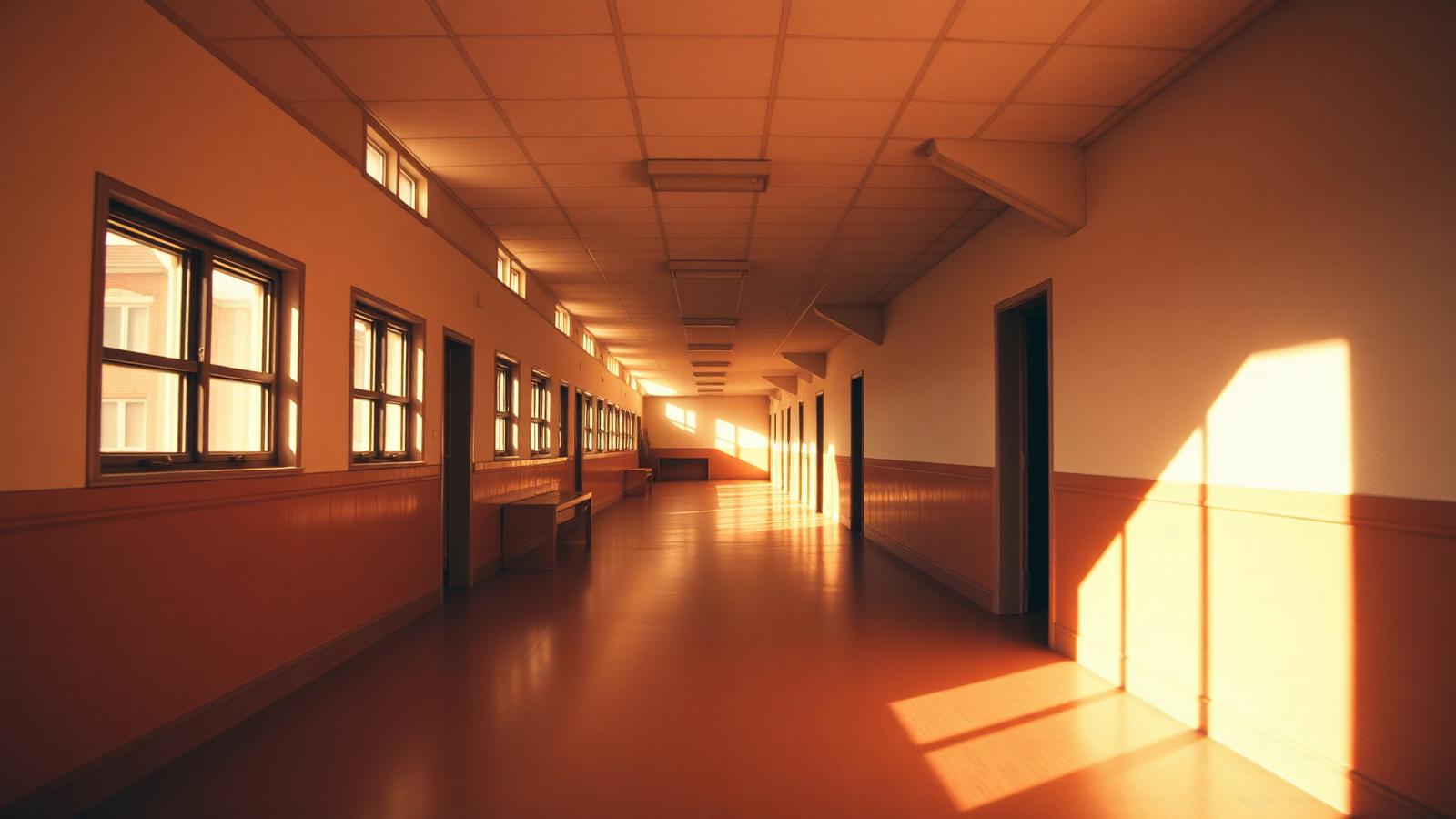 Sunlit empty elementary school hallway