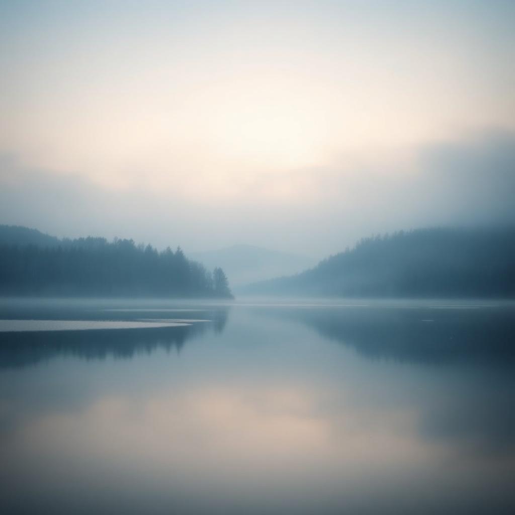 Still lake at dawn with low fog